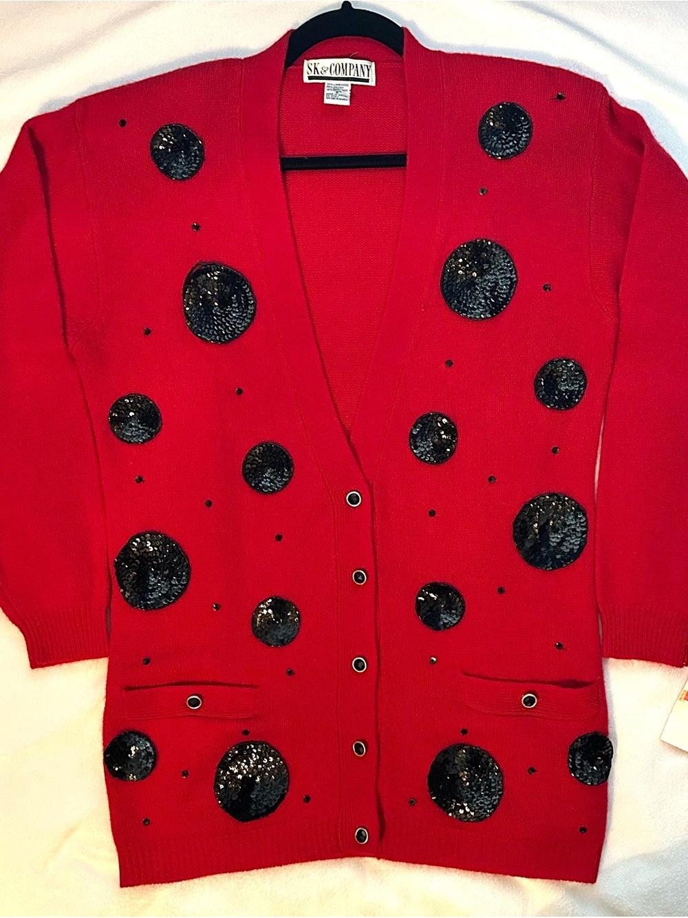 Vintage SK & Co Wool &Angora Rabbit Hair Red Cardigan S Black Sequin Circles NWT